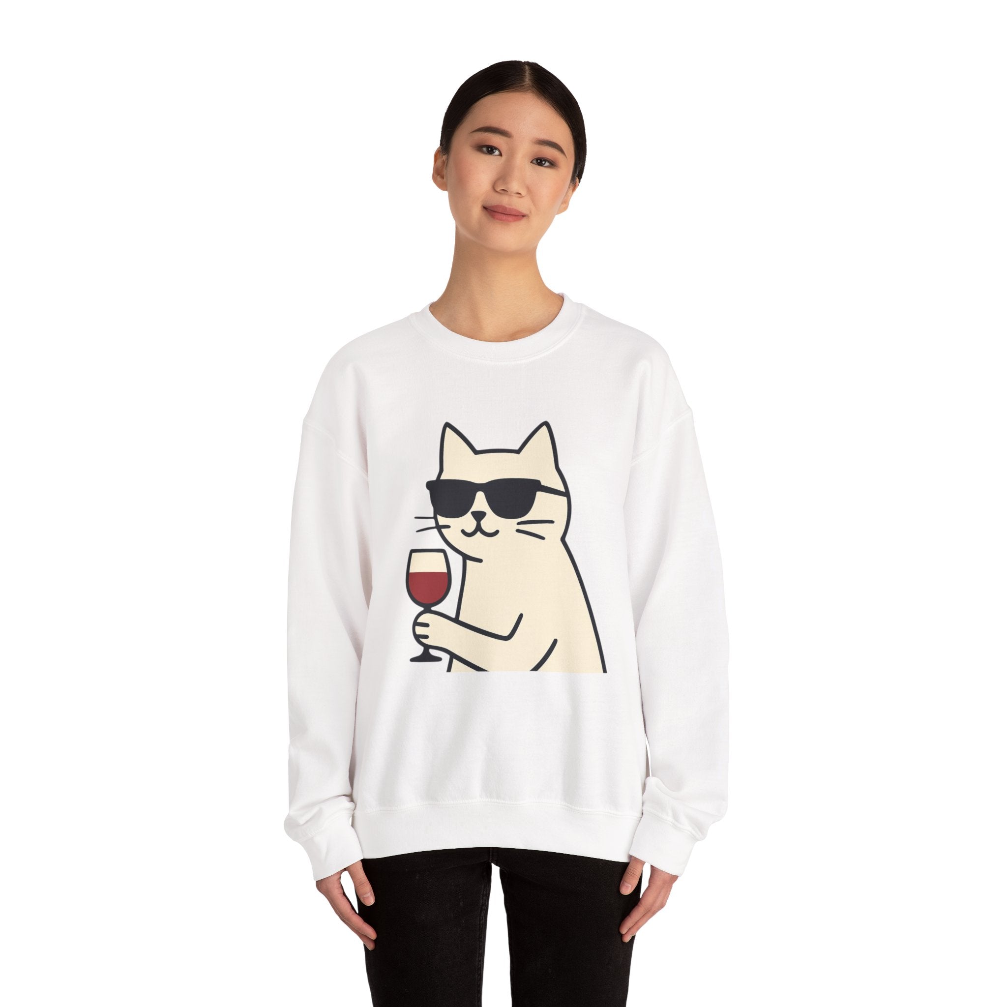 Cat with Wine Crewneck Sweatshirt – Cool Sunglasses Cat Graphic